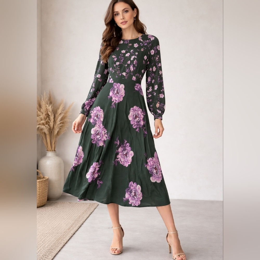 Silk Green Floral Long Sleeve Dress Silk